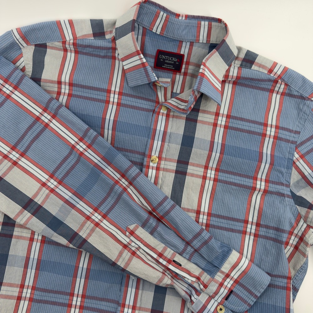 UNTUCKit Mens Medium Blue Red Plaid Long Sleeve Cotton Button Down Shirt
